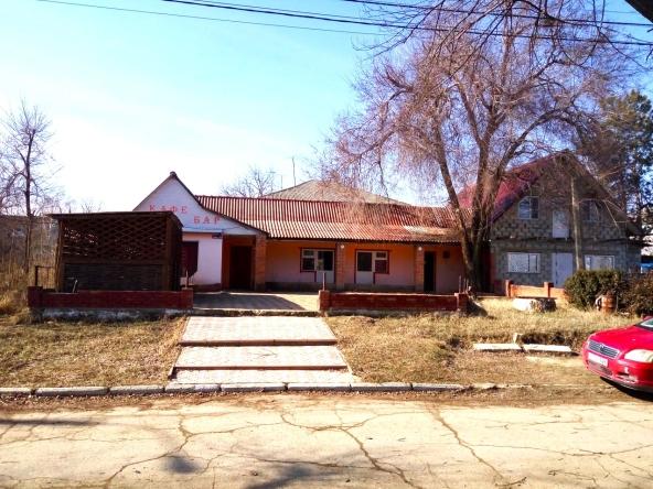 Невысокое здание кафе-бара с красной черепичной крышей, открытой верандой и входами стоит у потрескавшейся дороги среди голых деревьев.